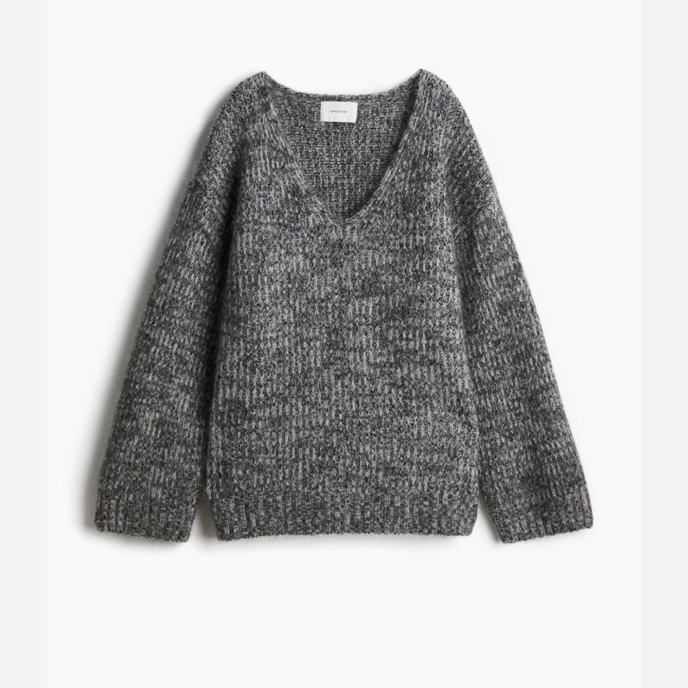 H&M Edition Mohair Wool Blend Oversized V-Neck Sweater in Gray Sz XS NWT